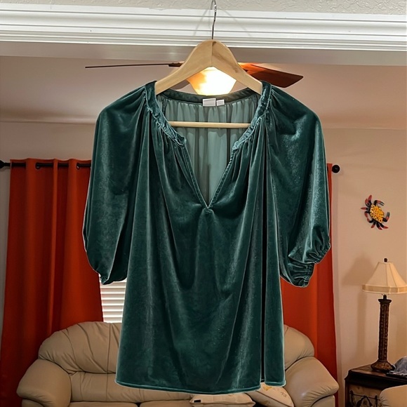 GAP Puff Sleeve Green Crushed Velvet V-Neck Top Size M - Picture 1 of 5